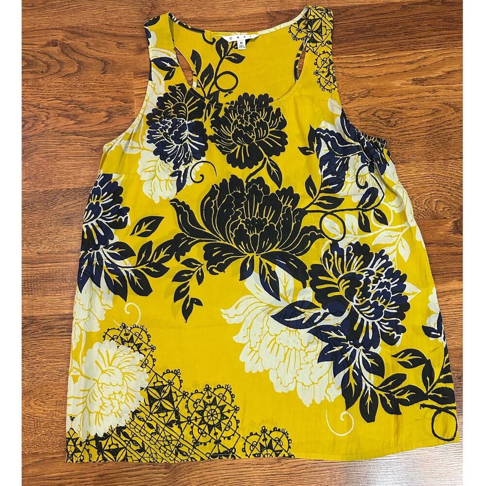 Cabi Bali Floral Print Silk Blend Tank Top Women’s Medium Yellow Blue Sleeveless
